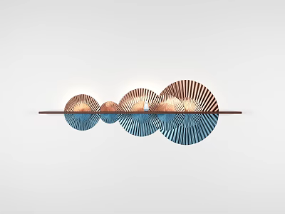 Modern Circular Striped Wall Decor with Copper and Blue Panels on Wooden Bar 3d model