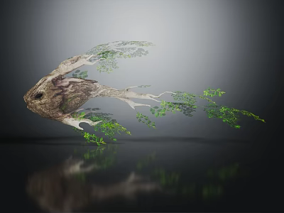 Floating Tree Root With Green Leaves And Branches Against Gray Background With Reflective Surface 3d model