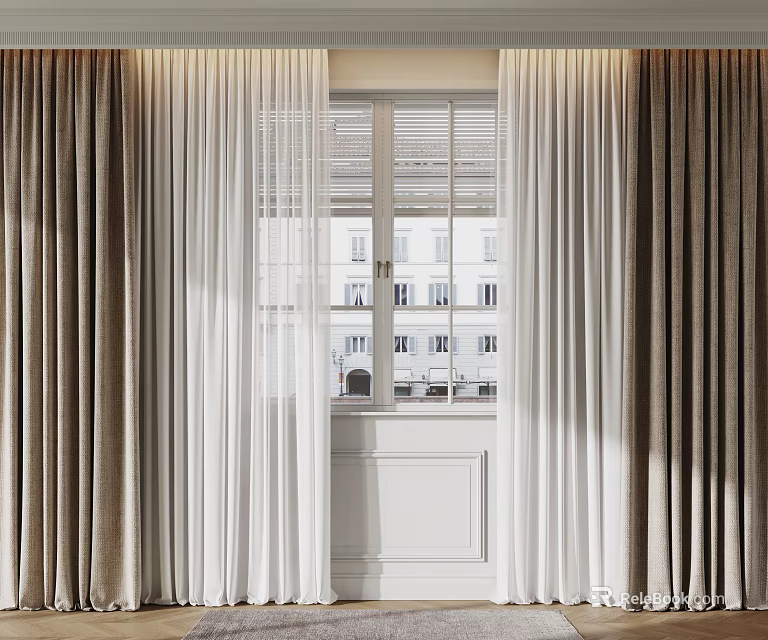 Elegant Double Layer Curtains Beige Velvet And White Sheer For Modern Window Decor 3d model 