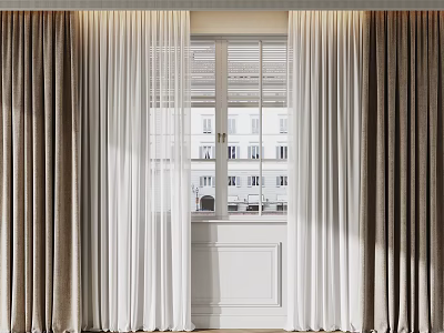 Elegant Double Layer Curtains Beige Velvet And White Sheer For Modern Window Decor 3d model