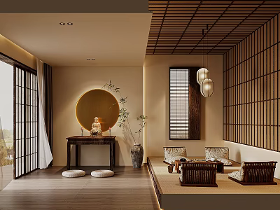 Zen Japanese style Room Interior With Wooden Buddhist Shrine Cabinet And Decorative Elements 3d model