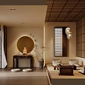 Zen Japanese style Room Interior With Wooden Buddhist Shrine Cabinet And Decorative Elements