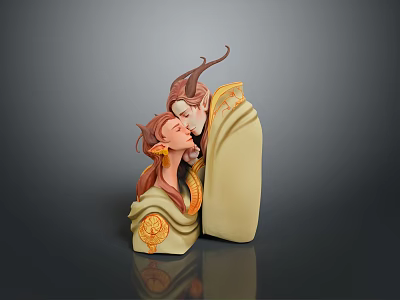 Artistic Characters And Horned Creature Embracing With Long Hair Golden Decorations And Flowing Attire 3d model