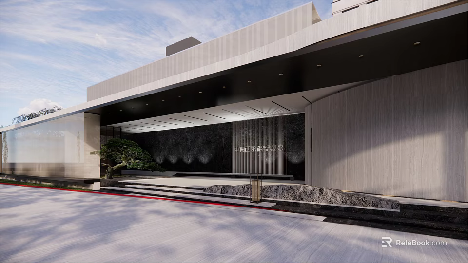 Modern Building Exterior Wall With Metal Panel Black Awning Stone Accent And Green Plant 3d model 