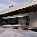 Modern Building Exterior Wall With Metal Panel Black Awning Stone Accent And Green Plant