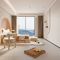 Modern Kids Room Interior With Beige Brown Curved Headboard Round Mirror Desk Bookshelf And Rug