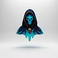 Game And Movie Character With Star Patterned Blue Hood Glowing Skull Eyes And Flame Shoulders