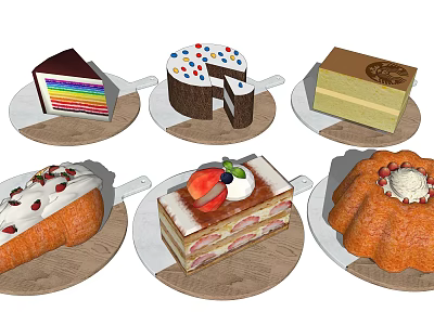 Assorted Colorful Cakes With Cream Fruits And Layered Designs On Plates 3d model