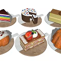 Assorted Colorful Cakes With Cream Fruits And Layered Designs On Plates