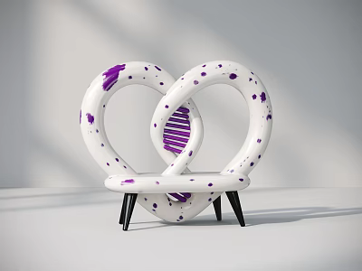 Heart Shaped Public Chair With White Body Purple Spots Intertwined Loops And Black Legs 3d model