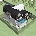 Modern Detached Villa With Large Glass Windows Black Frames White Exterior And Surrounding Trees