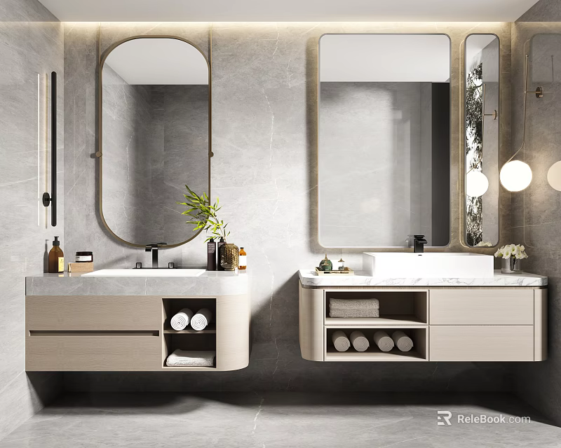 Modern Bathroom Double Sink Vanity With Round Rectangular Mirrors Marble Countertop And Storage Shelves 3d model