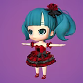 Cartoon Girl With Teal Pigtails Red Bow And Red Black Dress On Purple Background