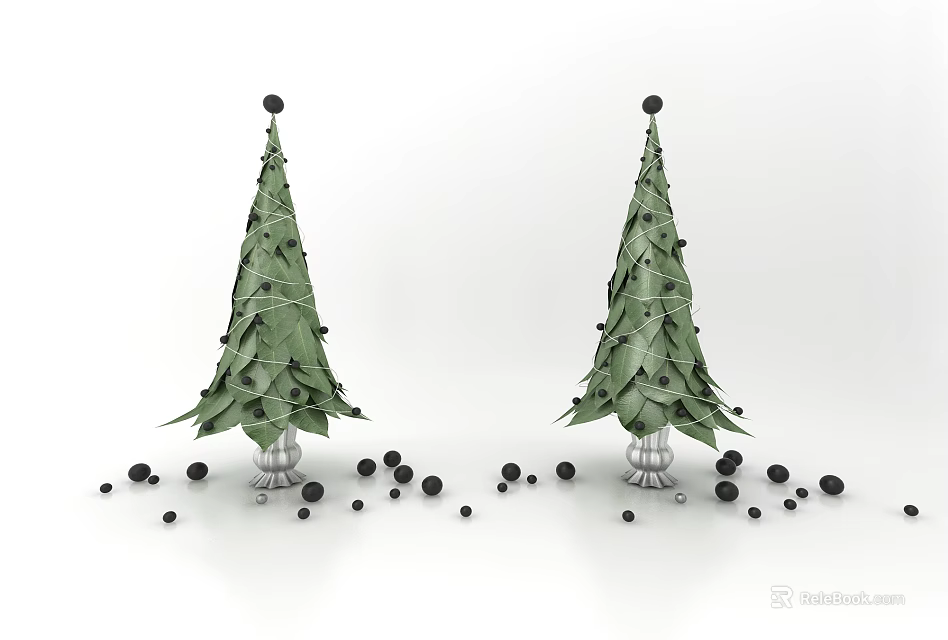 Festive Green Christmas Tree Ornament Set With Silver Base And Black Balls 3d model 