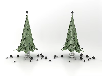 Festive Green Christmas Tree Ornament Set With Silver Base And Black Balls 3d model