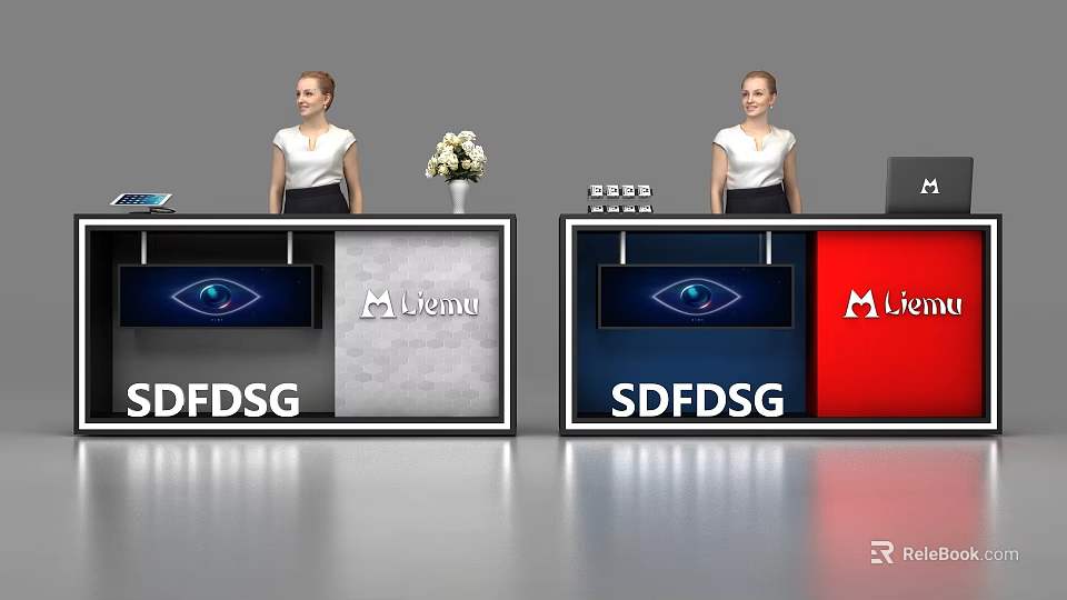 Modern Reception Desk With Receptionists Flower Vase Computer And Brand Logos 3d model