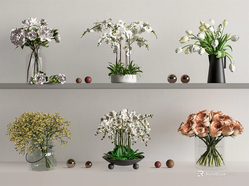 Colorful Flowers in Vases Including Orchids Roses Arranged on Shelves with Decorative Balls 3d model 
