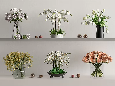 Colorful Flowers in Vases Including Orchids Roses Arranged on Shelves with Decorative Balls 3d model
