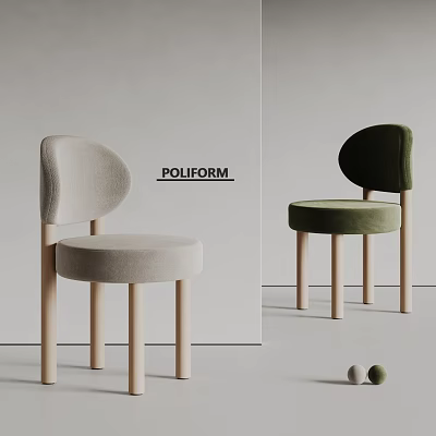 Modern Upholstered Dining Chairs with Curved Backrest and Wooden Legs in Light Grey and Green 3d model