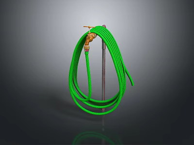 Coiled Green Garden Hose With Brass Fitting On Metal Pole Stand 3d model
