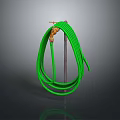 Coiled Green Garden Hose With Brass Fitting On Metal Pole Stand