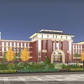 Red Brick School Building With Arched Entrance Green Lawn Trees And People Walking In Courtyard