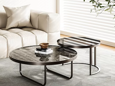 Nested Round Coffee Tables With Marble Top And Black Metal Frame In Modern Living Room 3d model
