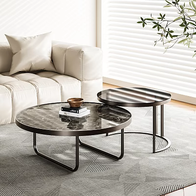 Nested Round Coffee Tables With Marble Top And Black Metal Frame In Modern Living Room 3d model