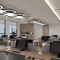 Modern Public Office Space With Geometric Pendant Lights Workstations And Green Plants