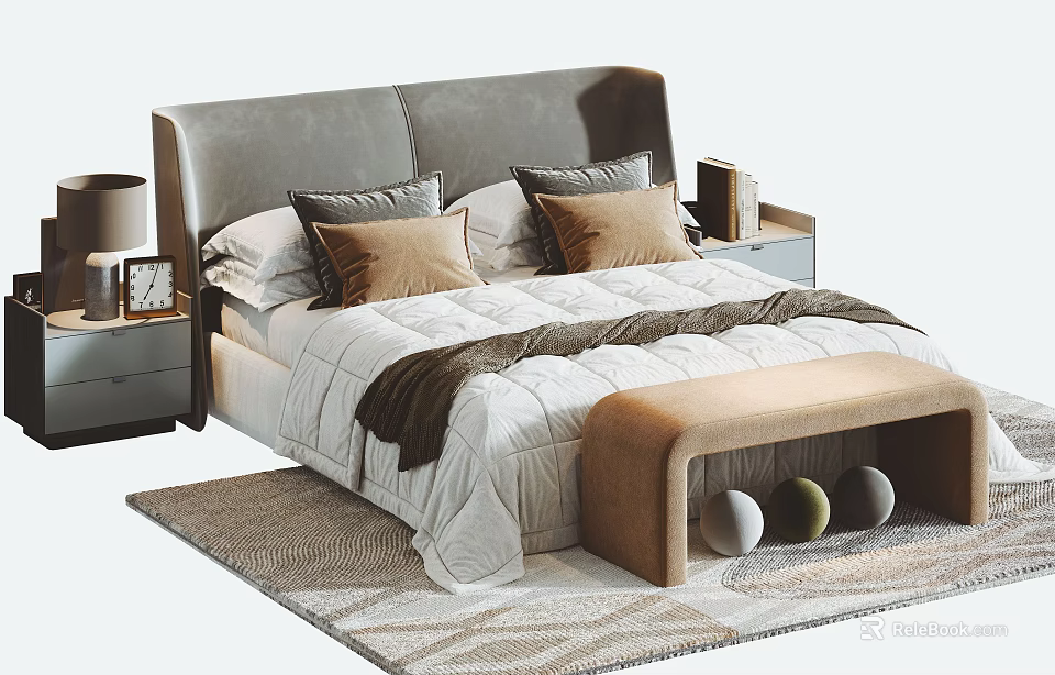 Modern Double Bed With Gray Upholstered Headboard White Bedding And Brown Bench 3d model