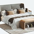 Modern Double Bed With Gray Upholstered Headboard White Bedding And Brown Bench 3d model