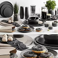 Elegant Modern Tableware Set With Black Plates Donuts Chocolate And Green Plants