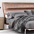 Modern Double Bed With Leather Headboard Gray Checkered Bedding And Nightstands
