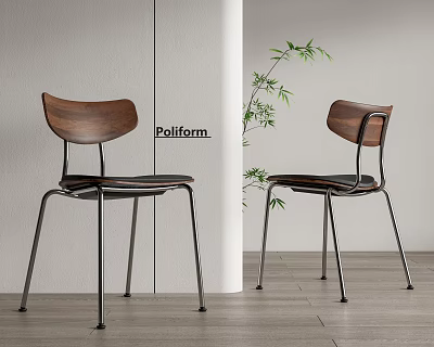 Modern Dining Chairs With Wooden Backrest Metal Legs And Green Plant Decoration 3d model
