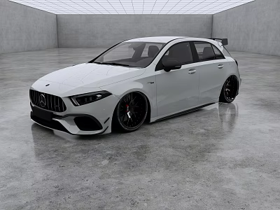 White Mercedes AMG Hatchback With Sporty Body Kit And Black Wheels In Modern Garage 3d model
