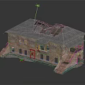 Dilapidated Building Featuring Gray Broken Roof Yellow Walls Red Door Windows Stairs And Small Balcony