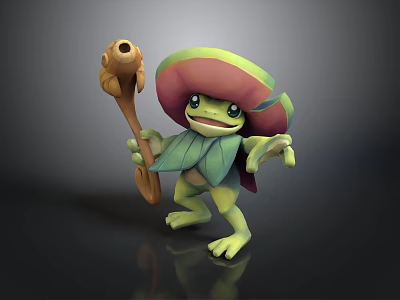 Frog Like Creature Character With Mushroom Hat Leafy Body And Wooden Staff 3d model