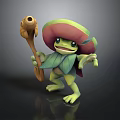 Frog Like Creature Character With Mushroom Hat Leafy Body And Wooden Staff