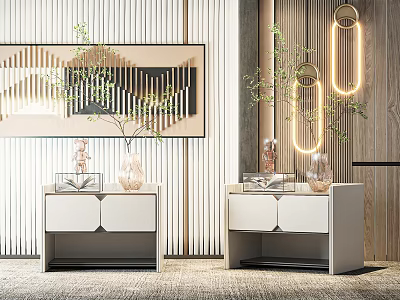 Modern White Nightstands With Decorative Vases Plants Wall Mirror And Hanging Lighting Fixtures 3d model