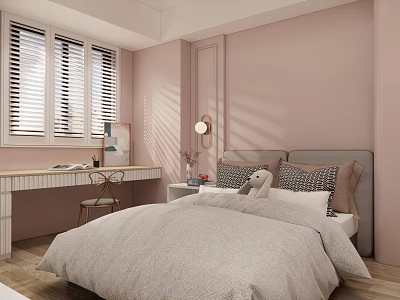 Cozy Kids Room With Pink Walls Window Blinds Desk Chair And Stuffed Toy On Bed 3d model