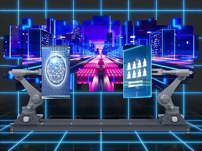 Interactive Zone With Tech Screens Robotic Arms Neon Lights And Futuristic City Background 3d model