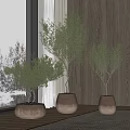 Bonsai Potted Plants With Lush Green Foliage By Window Wooden Wall And Snowy Outside View