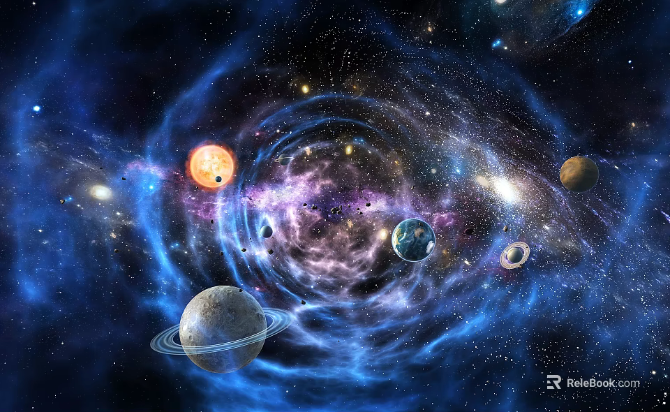 Colorful Cosmic Space Scene With Planets Stars And Spiral Galaxy 3d model 