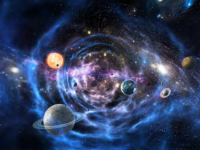 Colorful Cosmic Space Scene With Planets Stars And Spiral Galaxy 3d model