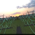 Industrial High Voltage Transmission Towers With Sunset Sky Grassland And City Skyline