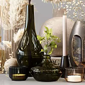Elegant Decorative Ornament Set With Glass Metallic Vases Dried Flowers And Table Lamp