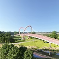 Red Double Ring Landscape Bridge Spanning River With Green Vegetation And Blue Sky 3d model