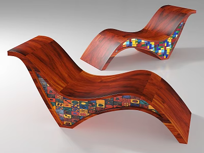 Unique Wooden Leisure Chairs With Curved Design And Colorful Mosaic Accents 3d model