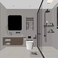 Modern Bathroom Interior Design With Round Mirror Wooden Vanity Glass Shower And Tiled Floor