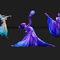 Women in Traditional Blue Purple Gradient Costumes Dancing with Elegant Movements on Black Background